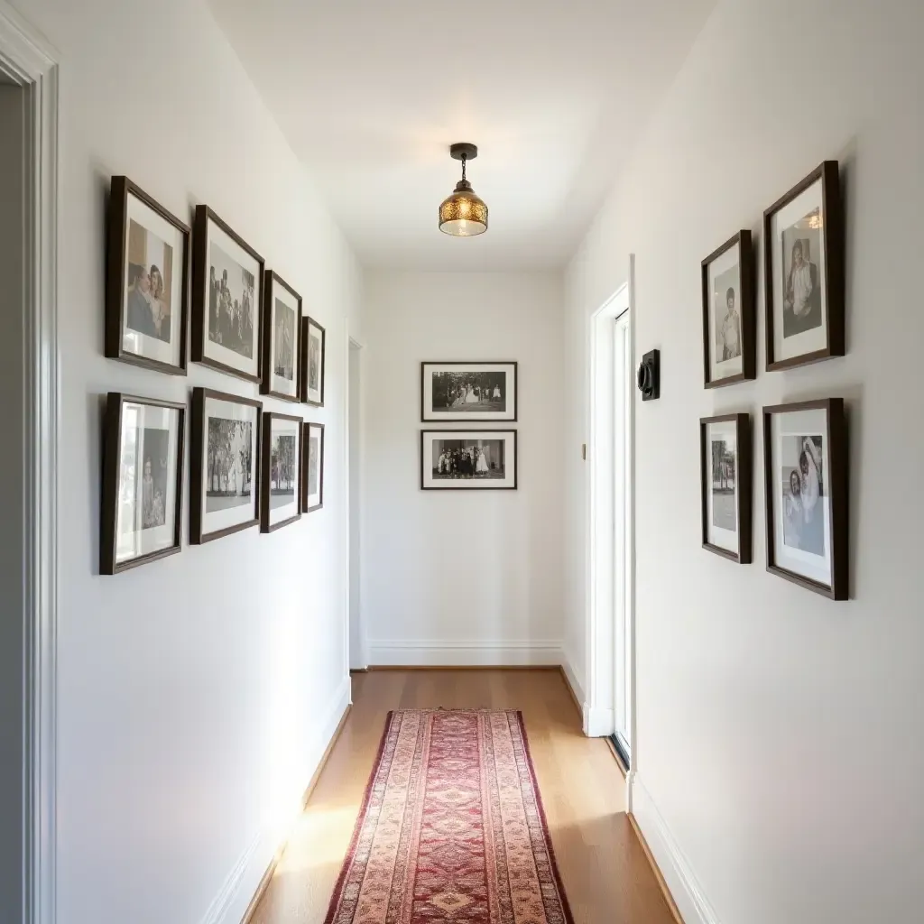 a photo of a farmhouse corridor with a gallery wall of family photos