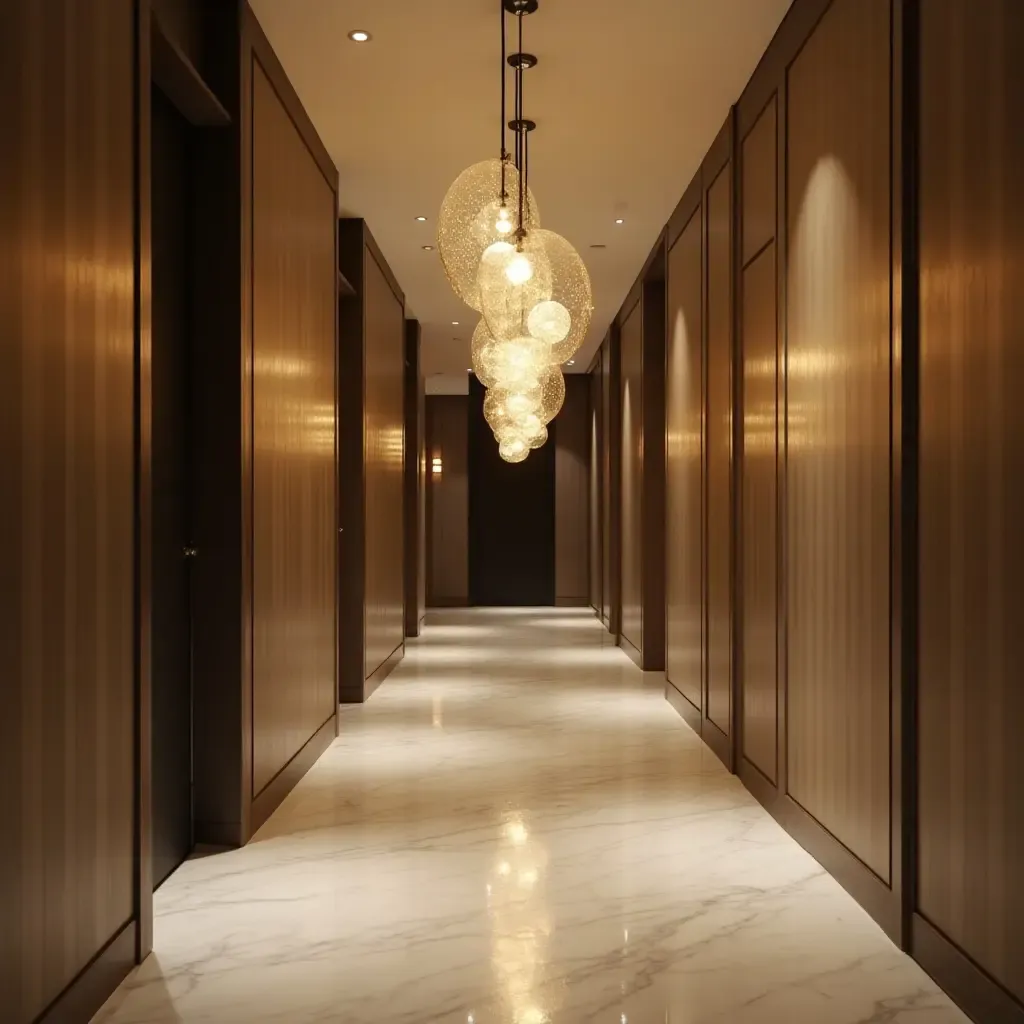 a photo of a chic corridor with pendant lights made of glass