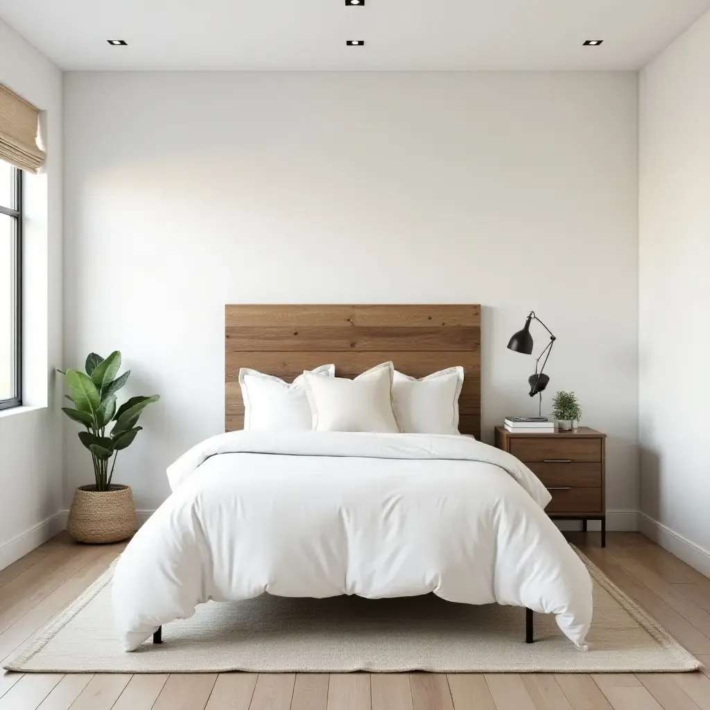 a photo of a farmhouse bedroom with a reclaimed wood headboard and minimalist decor