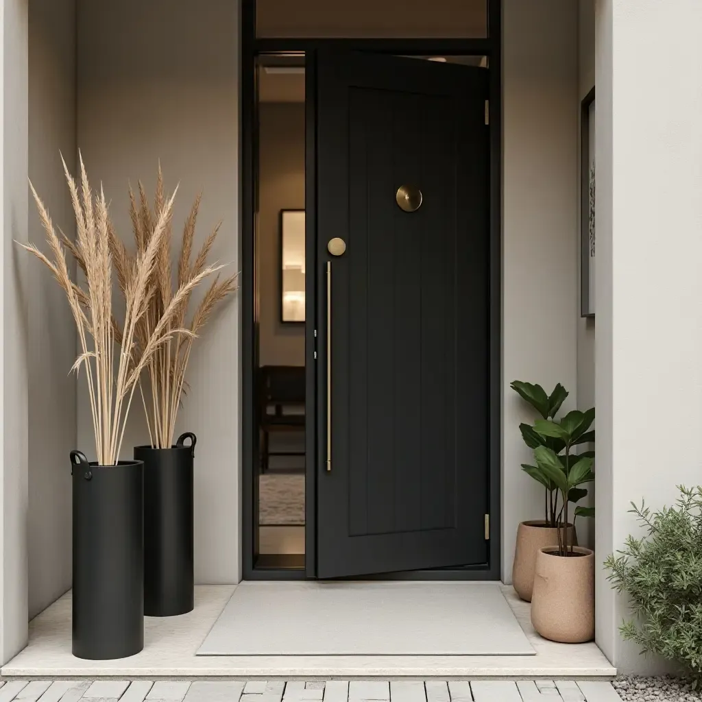 a photo of a chic entrance featuring a stylish umbrella holder