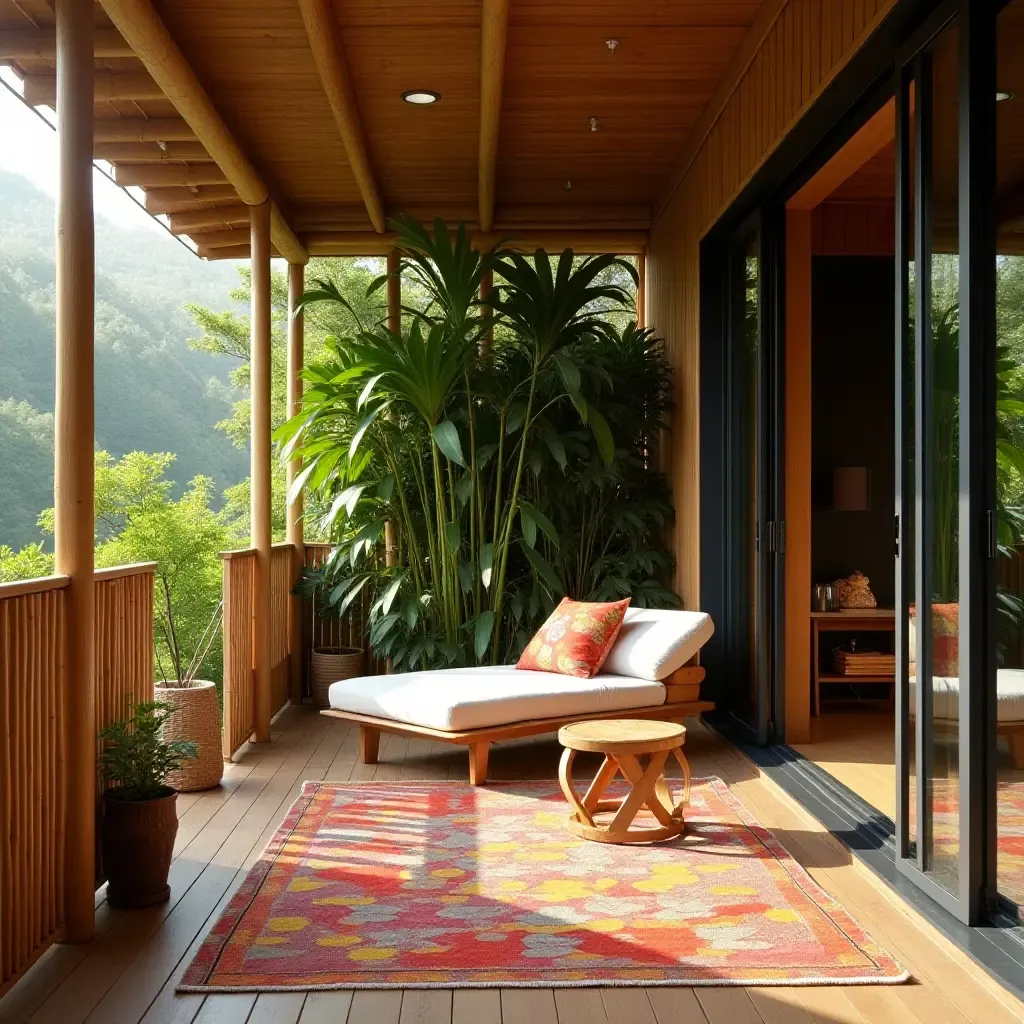 a photo of a tropical balcony with vibrant fabric, bamboo wood, and stainless steel elements