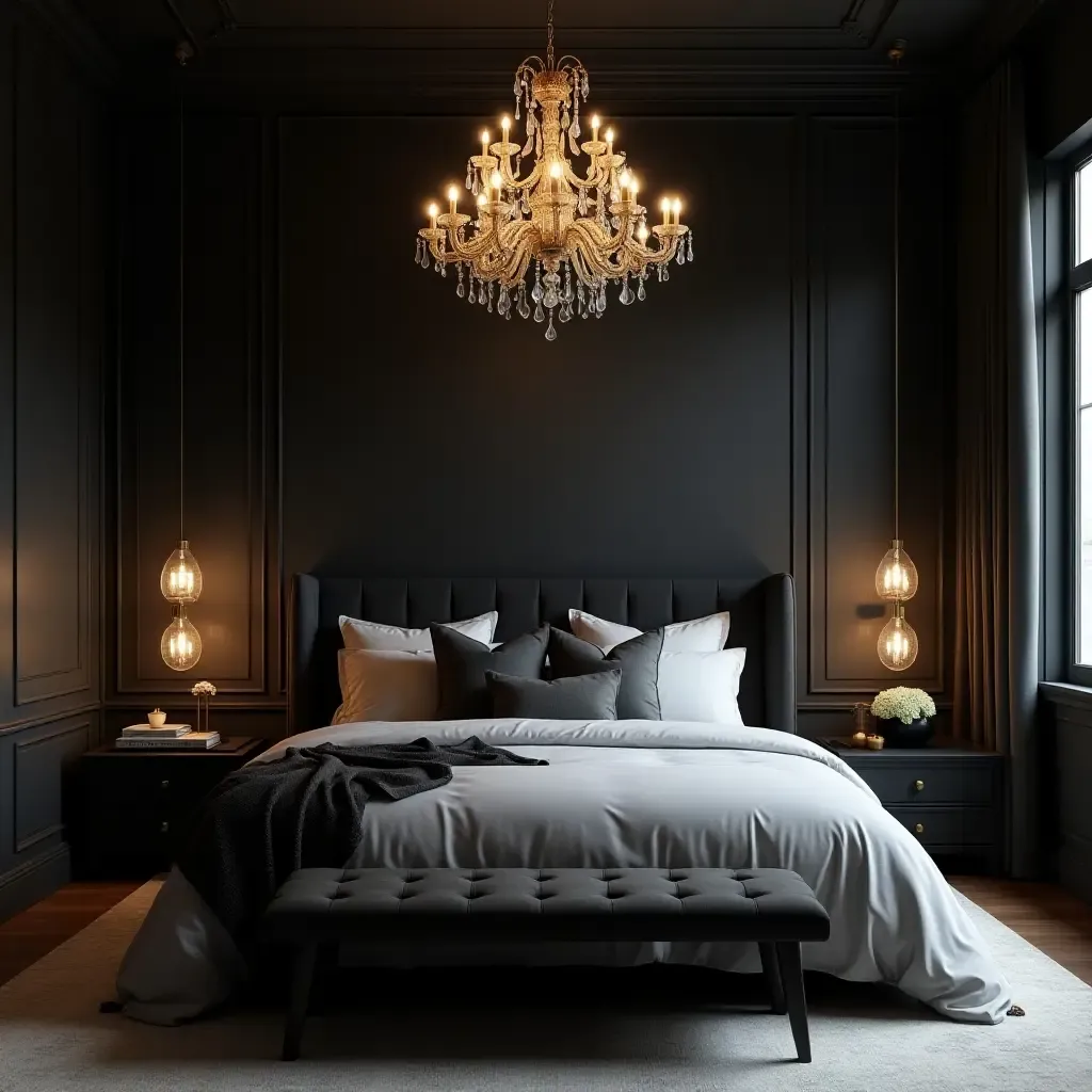 a photo of a stylish dark-themed bedroom featuring a statement chandelier