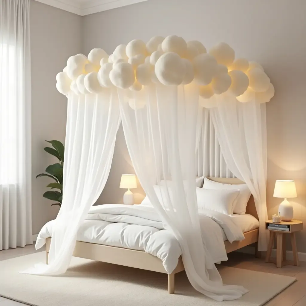 a photo of a dreamy canopy bed with a soft, cloud-like design