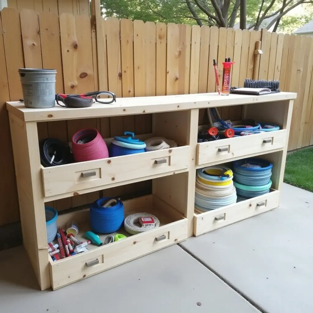 a photo of a creative DIY storage project for pool supplies