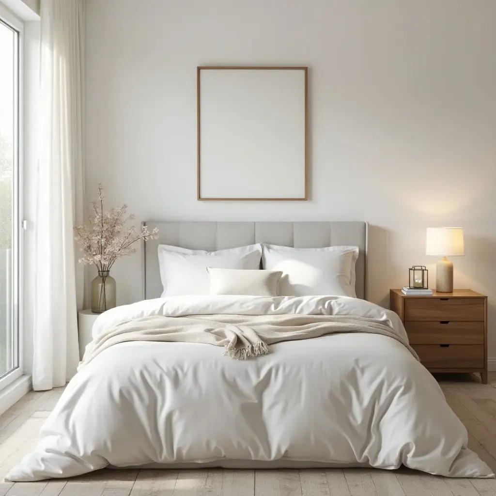 a photo of a peaceful bedroom with layered bedding and simple decor