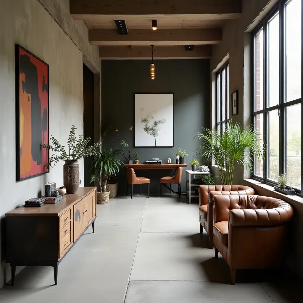 a photo of a corridor showcasing a mix of industrial furniture styles