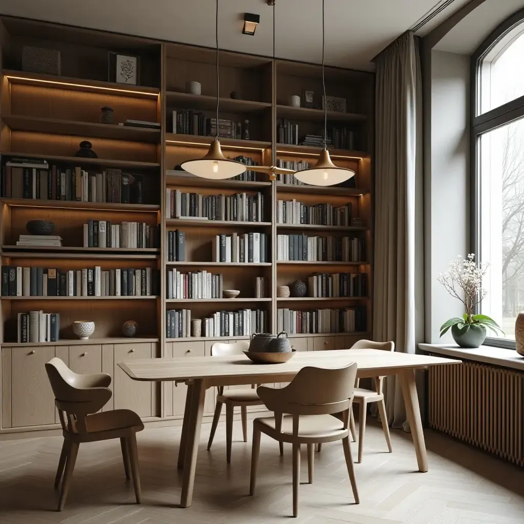 a photo of a Scandinavian-inspired library with simple pendant lighting