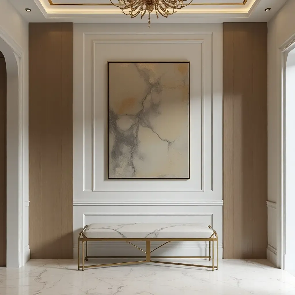 a photo of a contemporary bench with a marble top and gold accents in a luxurious foyer