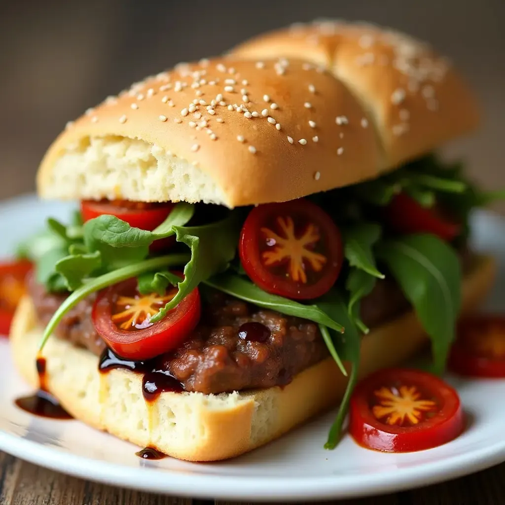 a photo of a colorful Italian sandwich featuring sun-dried tomatoes, arugula, and balsamic glaze.