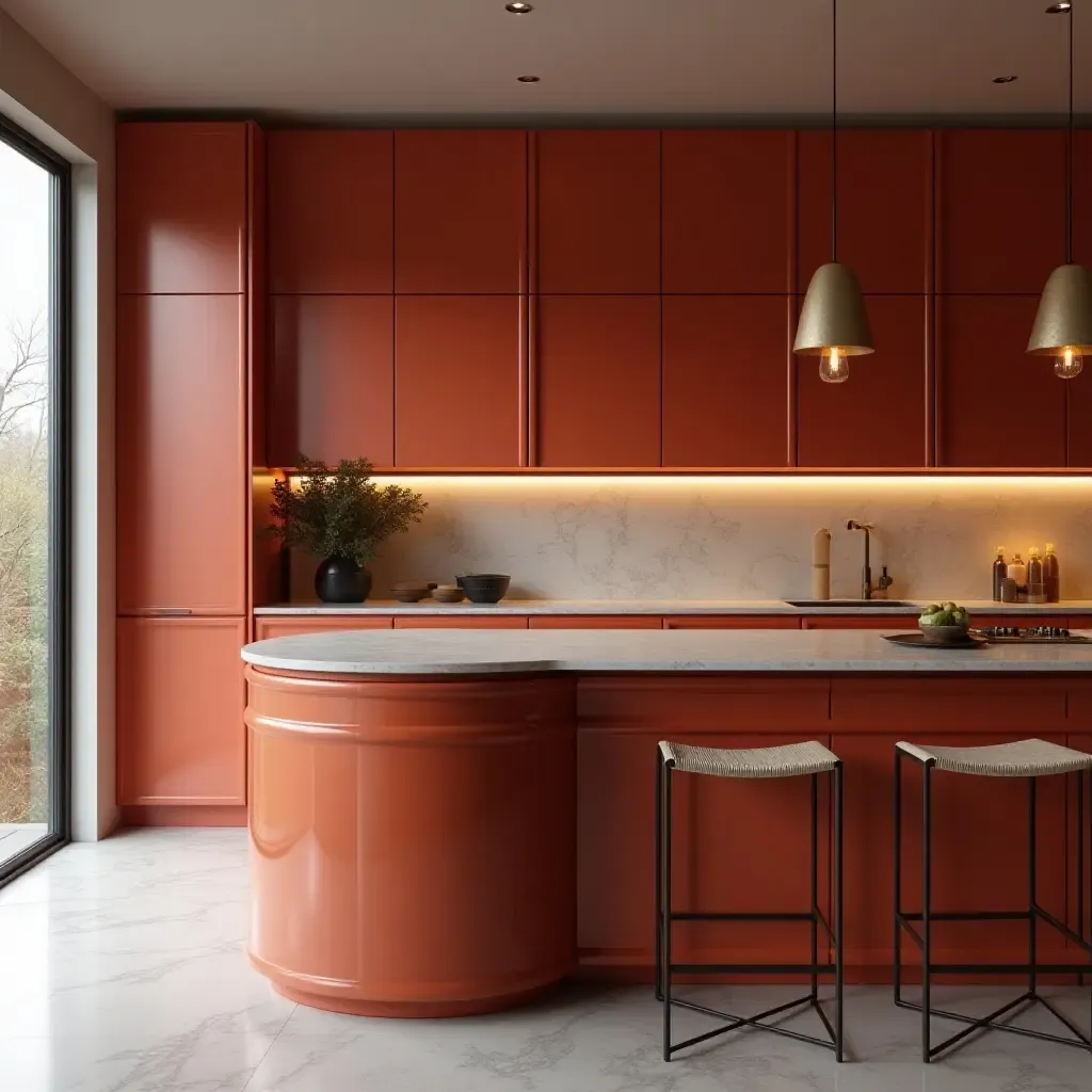 a photo of a kitchen with a bold color scheme and luxurious finishes