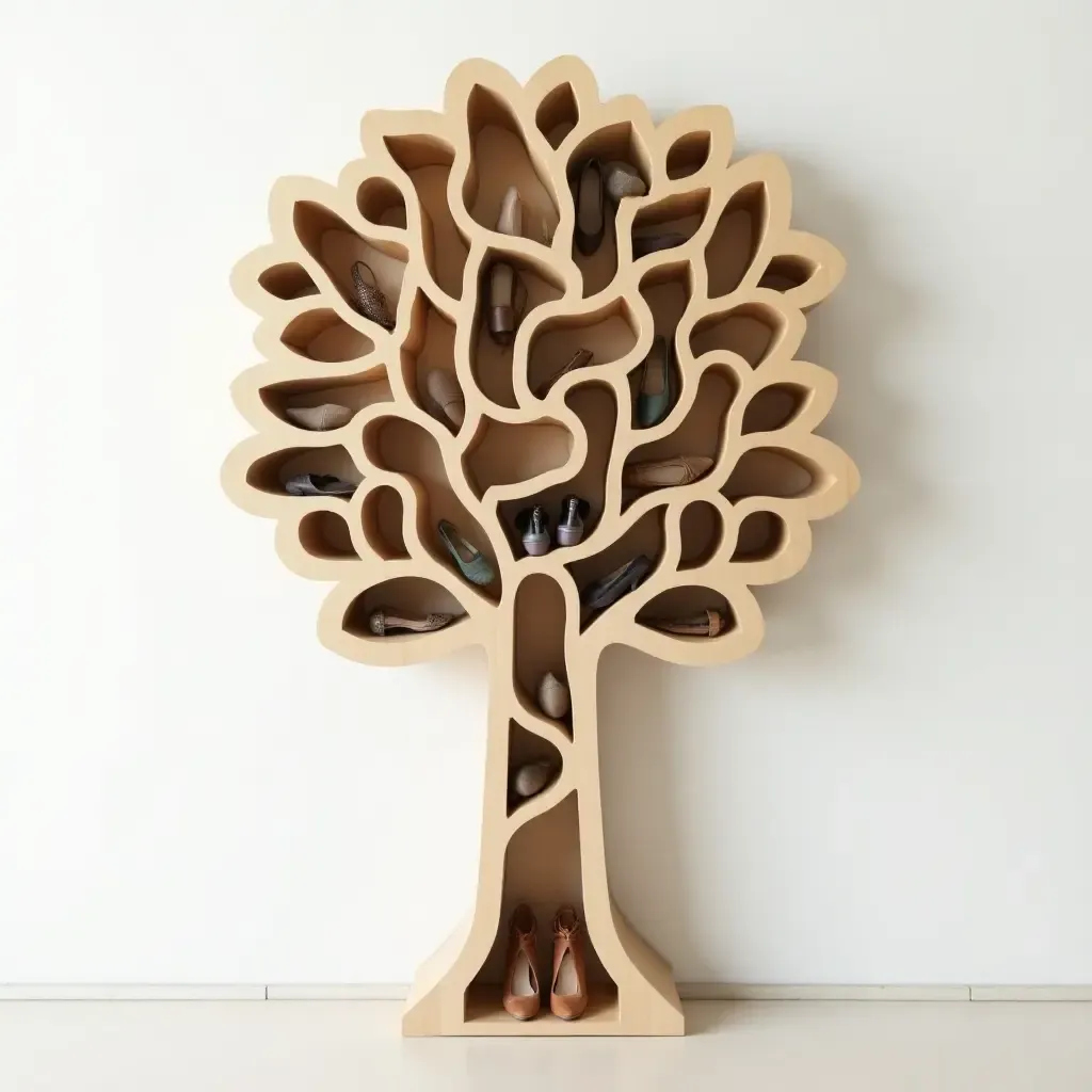 a photo of a whimsical shoe rack shaped like a tree