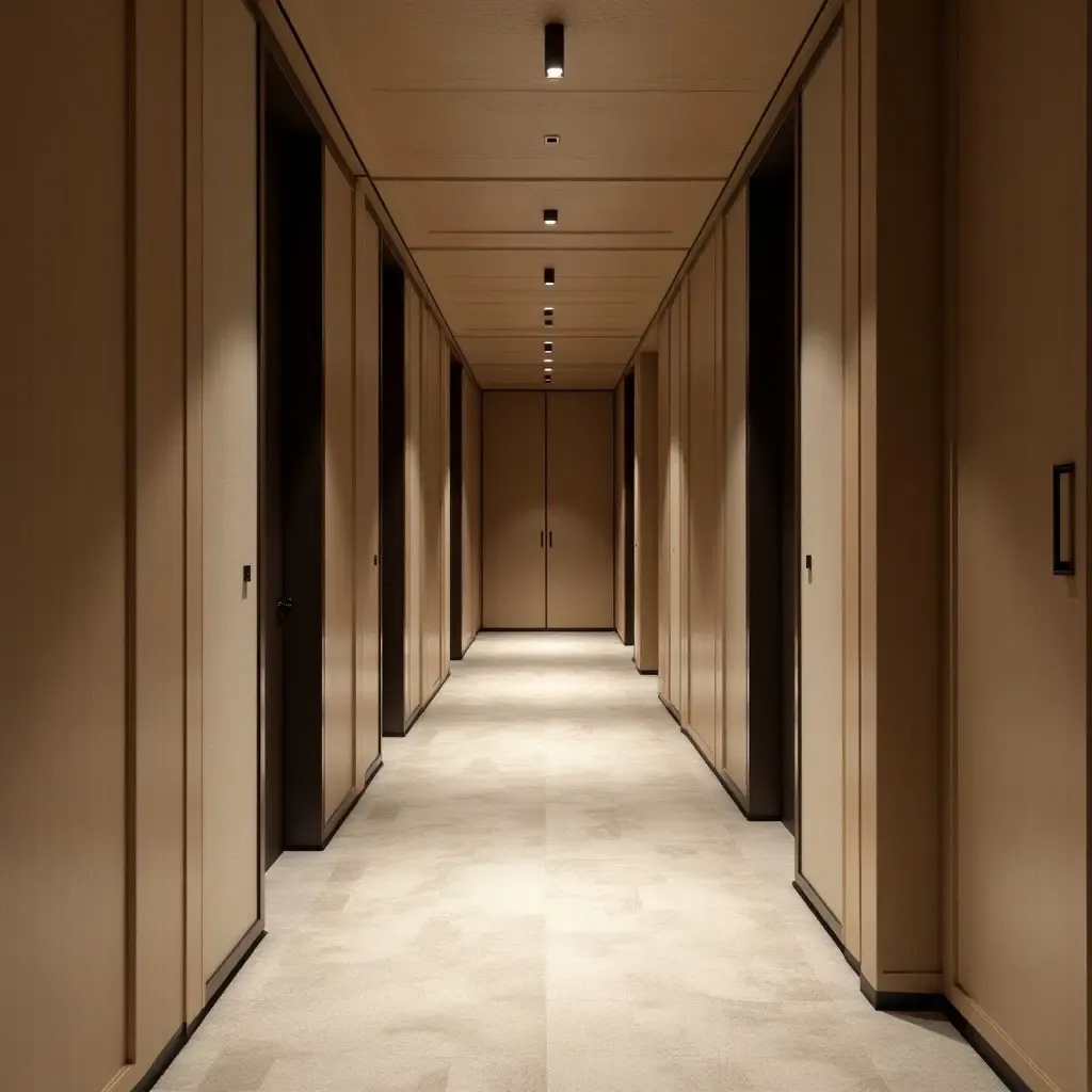 a photo of a stylish corridor with balanced fabric, wood paneling, and metal accents