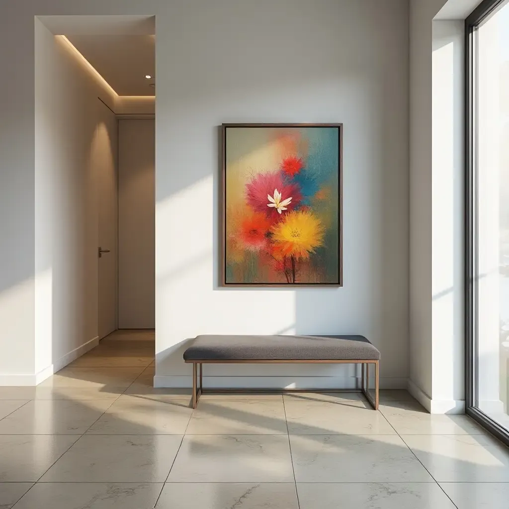 a photo of a modern hallway with a sleek bench and vibrant artwork