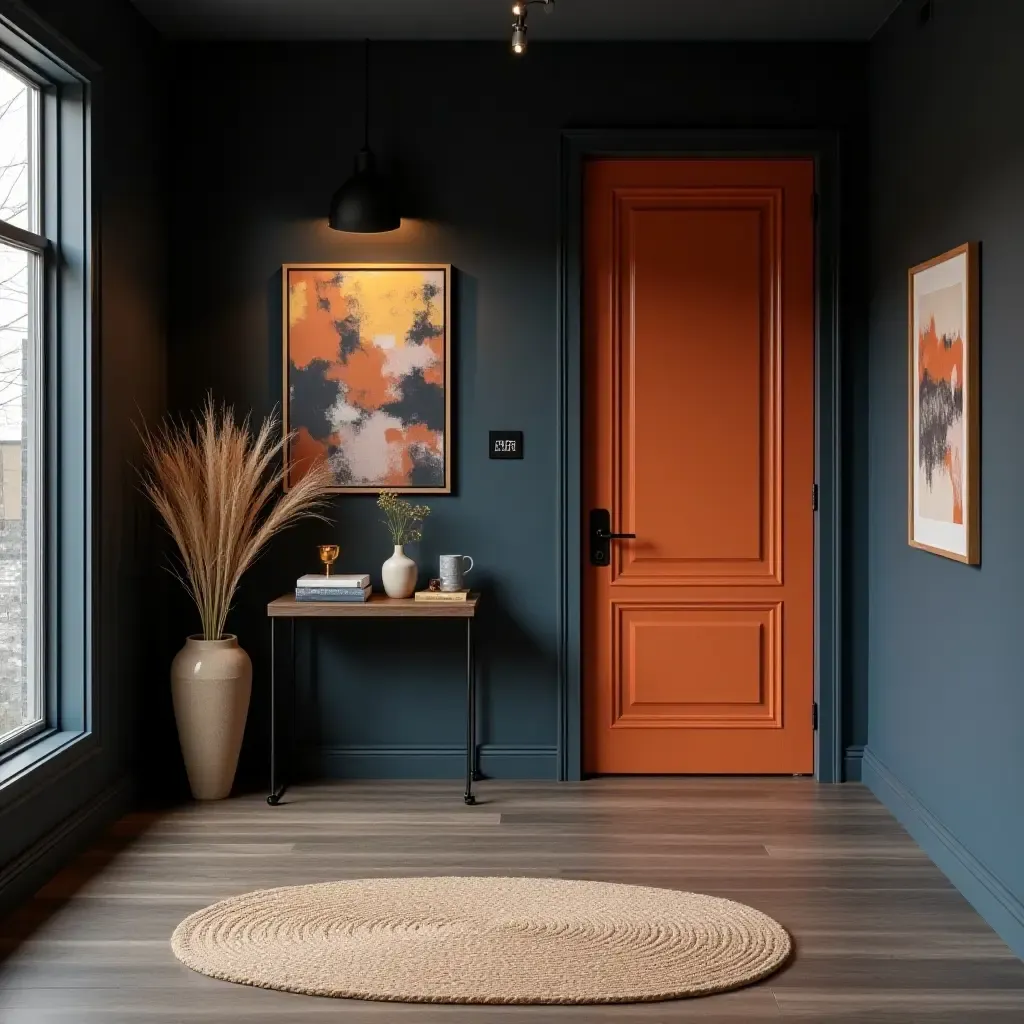 a photo of a moody navy and rusty orange entryway with artistic flair