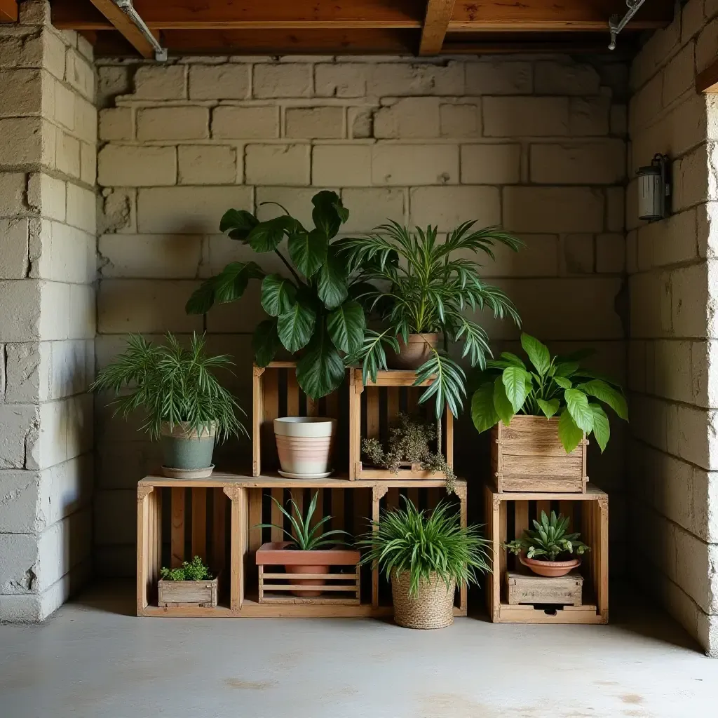 a photo of a basement with a unique plant stand made of crates