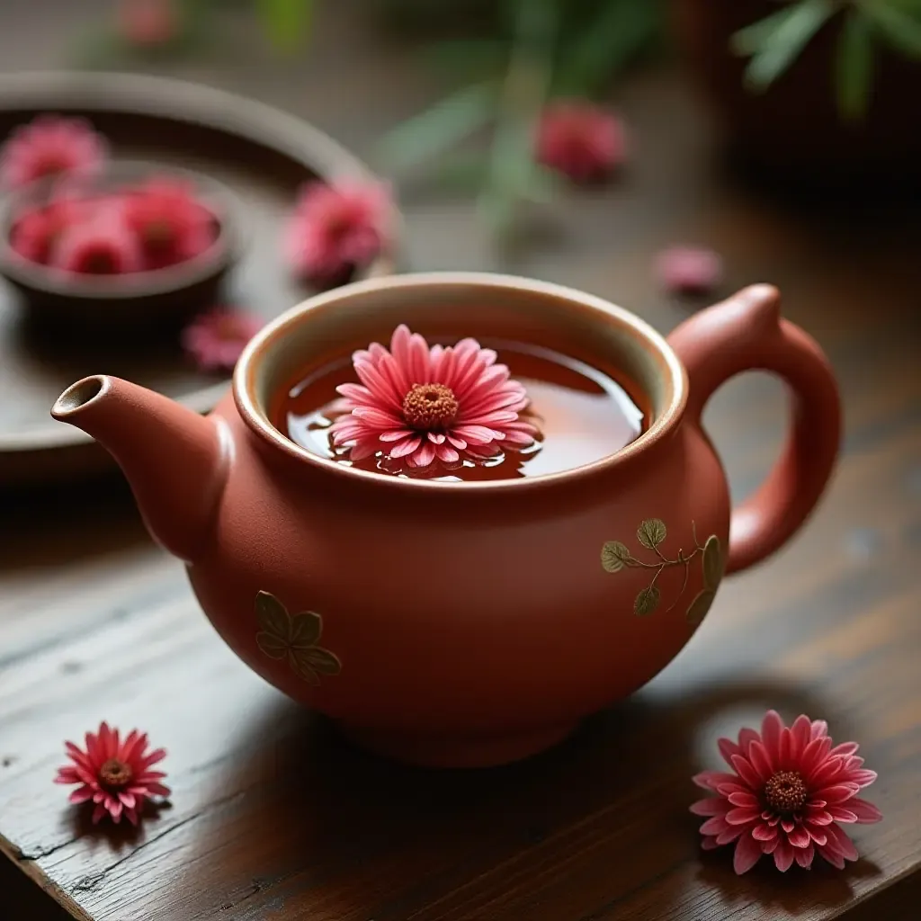 a photo of a cup of Chrysanthemum tea, served in a traditional Chinese teapot with blooming flowers.