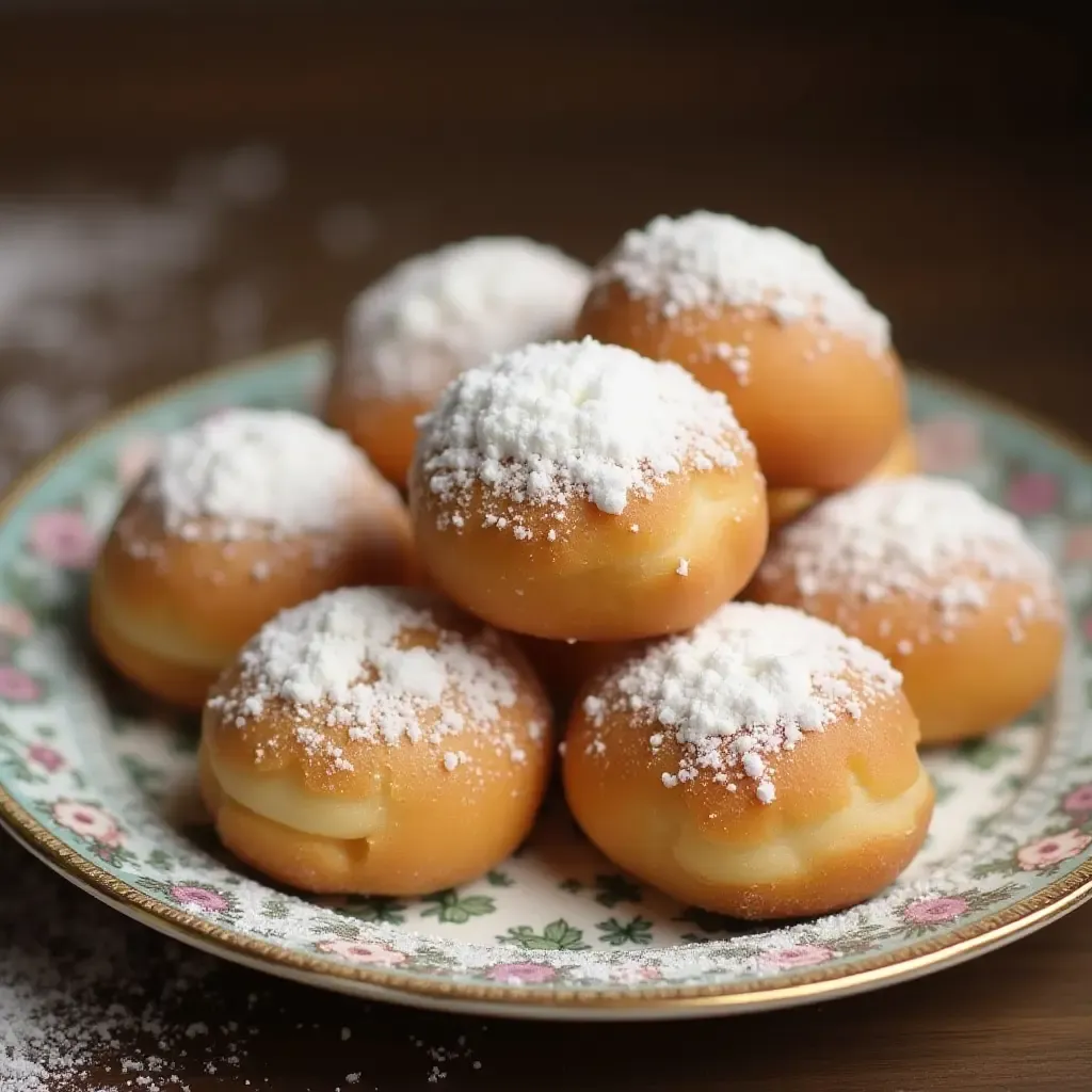 a photo of delicate polvorones dusted with powdered sugar on a vintage plate.