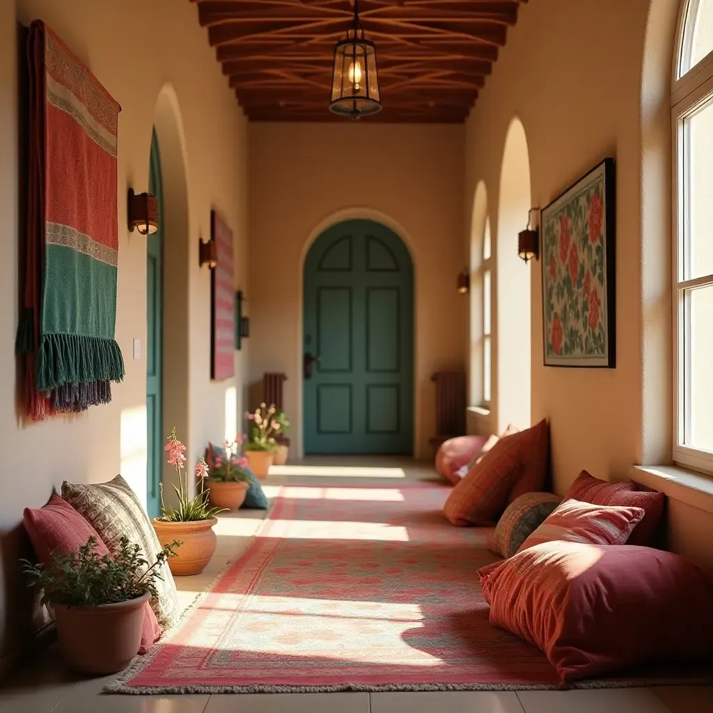 a photo of a welcoming corridor adorned with colorful throws and decorative pillows