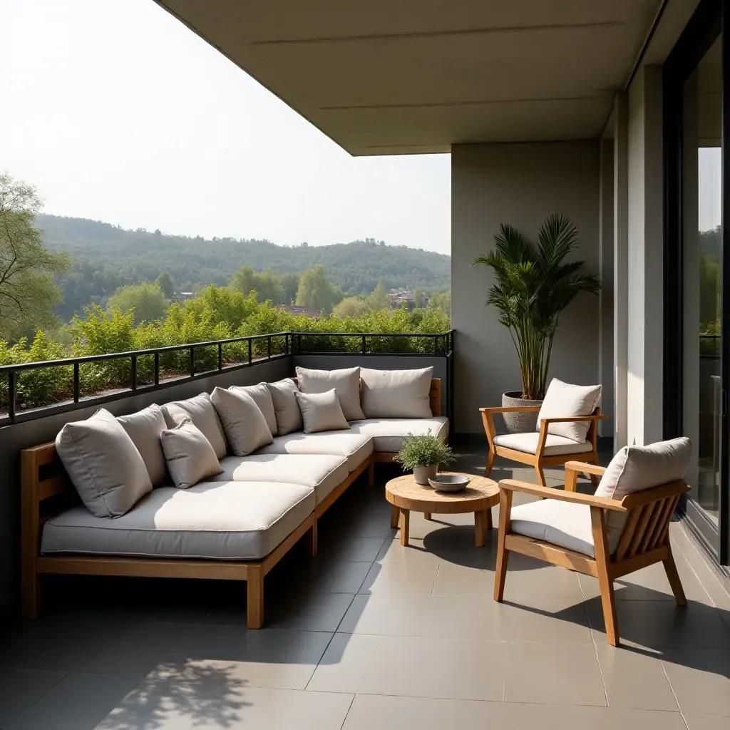 a photo of a balcony with fabric cushions, wooden furniture, and metal accents