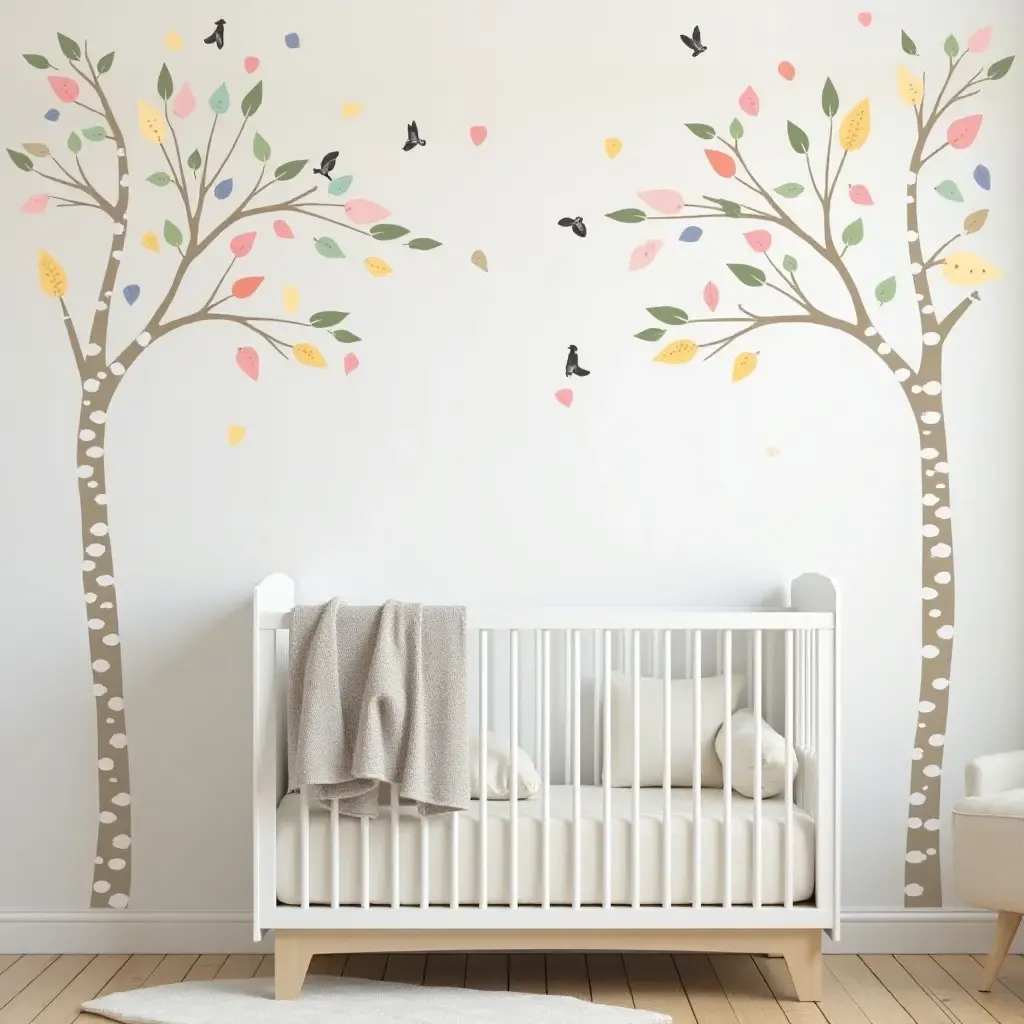 a photo of a nursery adorned with whimsical tree decals and soft bedding