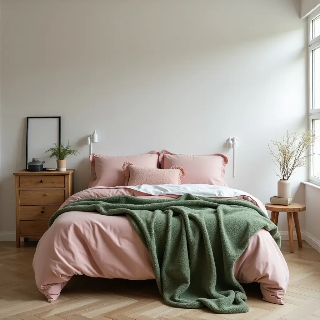 a photo of a stylish bedroom with dusty pink and green throw blankets