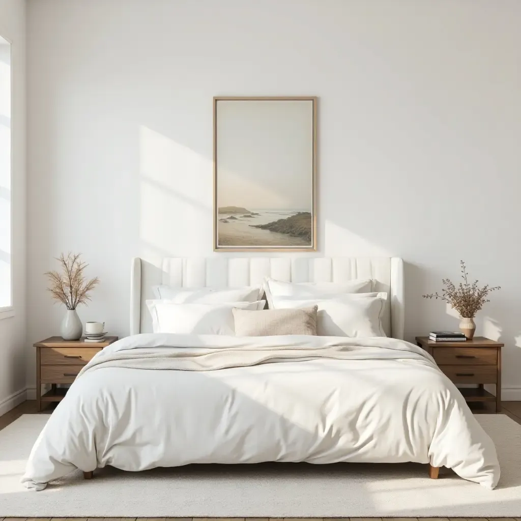 a photo of a serene bedroom with a minimalist bed and bohemian art