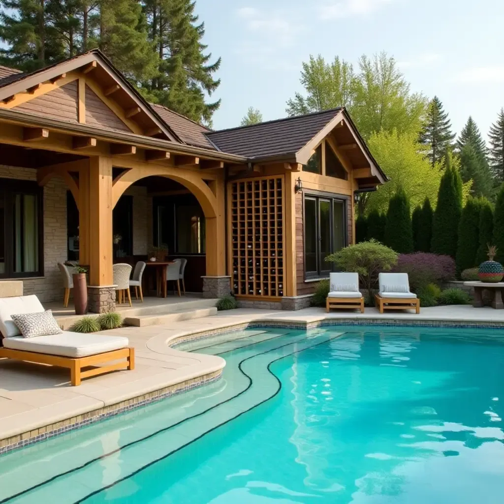 a photo of a wooden wine rack beside the pool