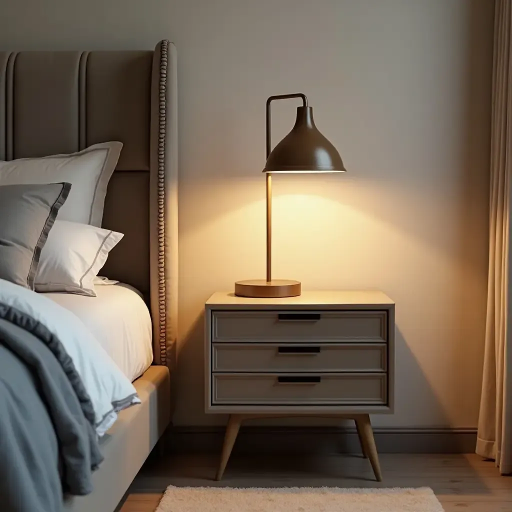 a photo of a trendy bedroom showcasing a vintage desk lamp on a modern nightstand