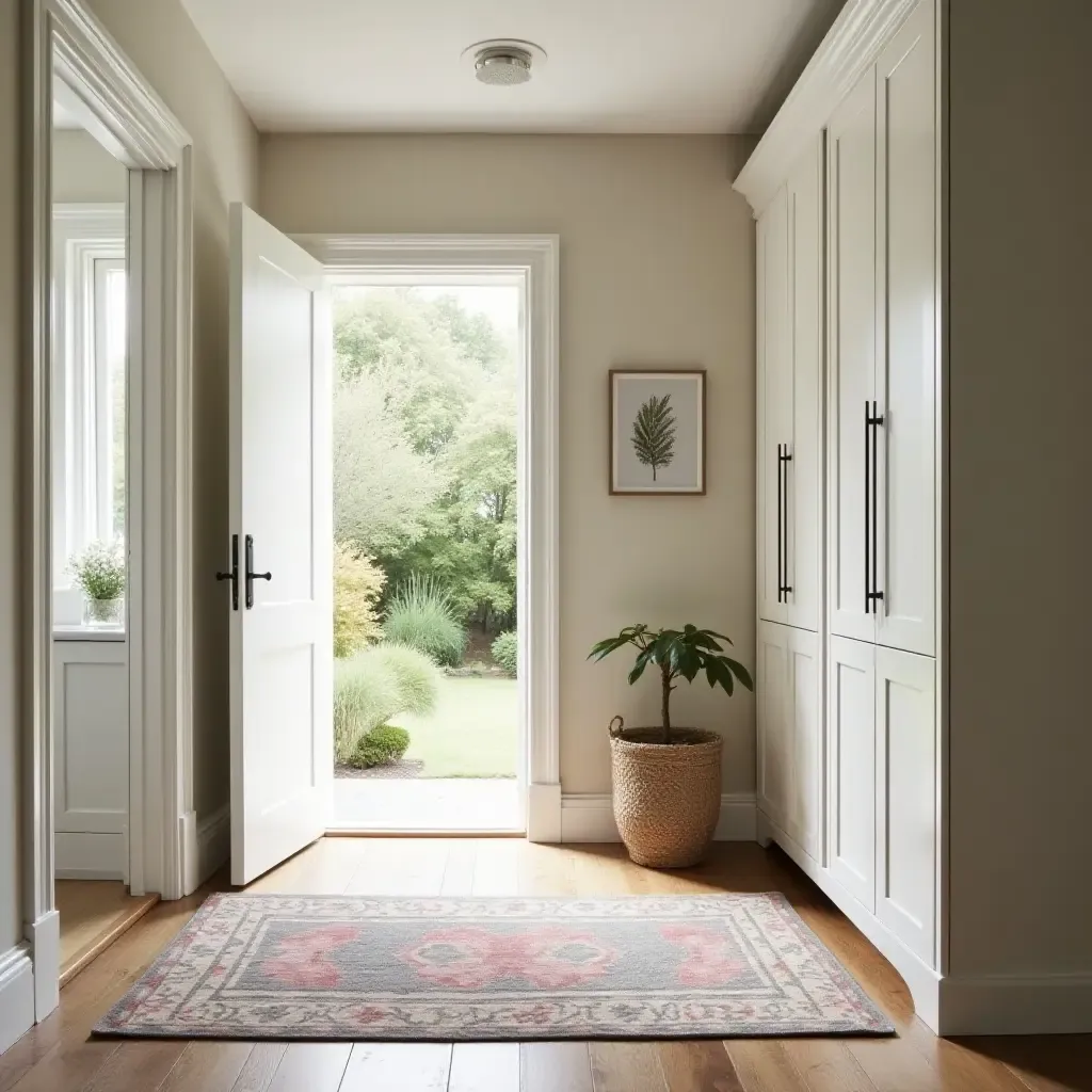 a photo of an inviting entrance with a patterned rug and practical storage