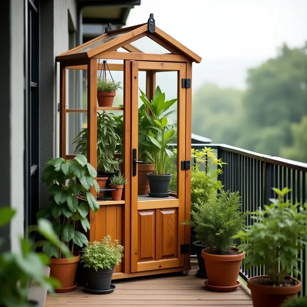 a photo of a balcony with a wooden mini greenhouse for plants