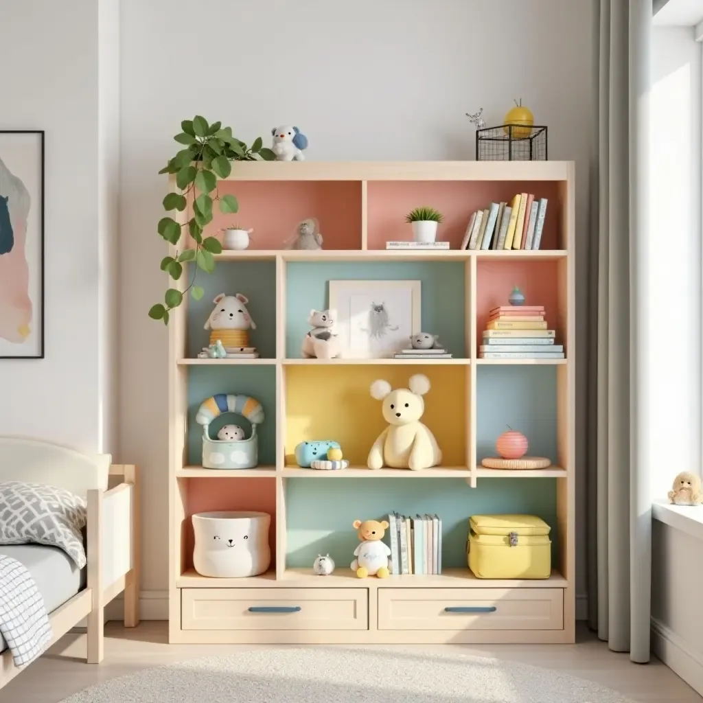 a photo of colorful nursery shelving with a whimsical design and playful decor