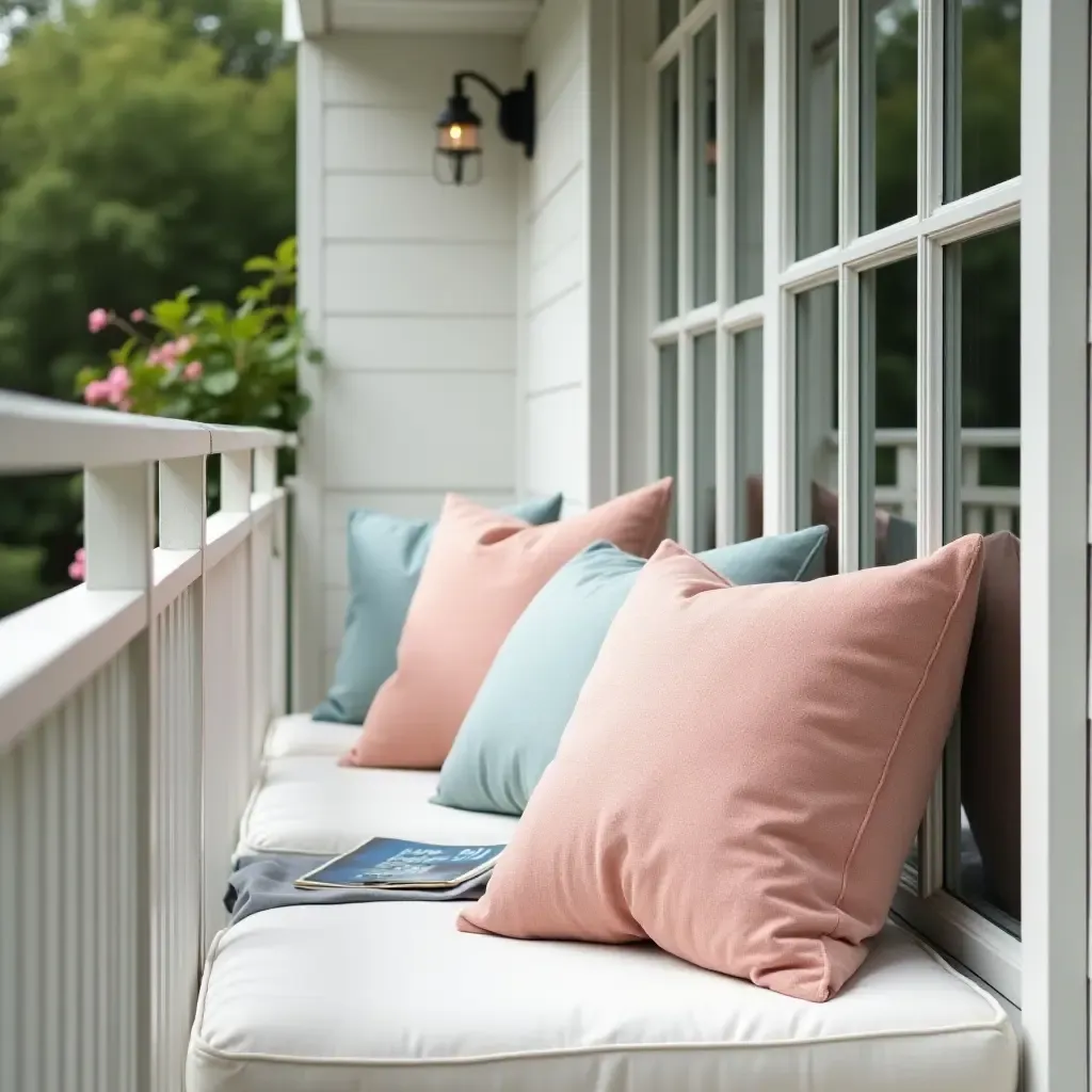 a photo of a balcony with throw pillows in pastel colors