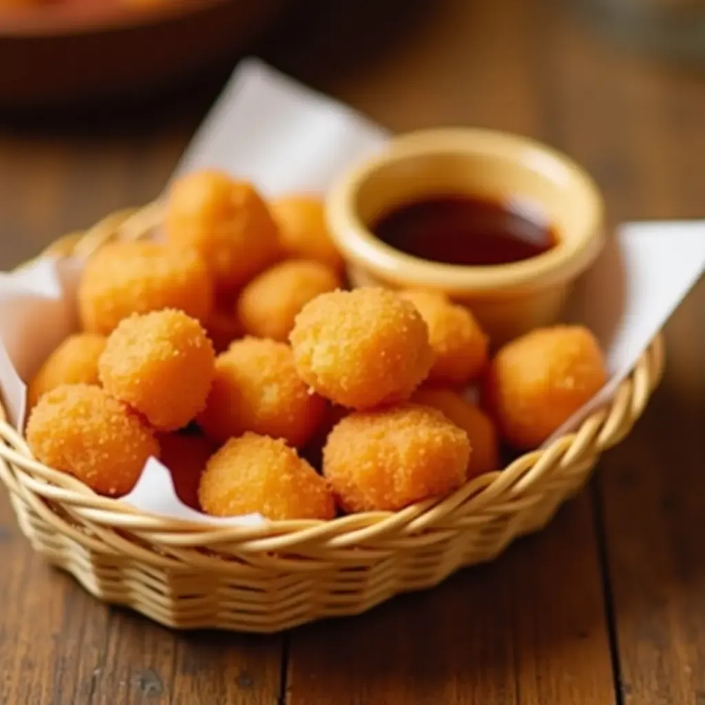 a photo of croquetas de jamón, golden and crispy, served in a woven basket with dipping sauce.