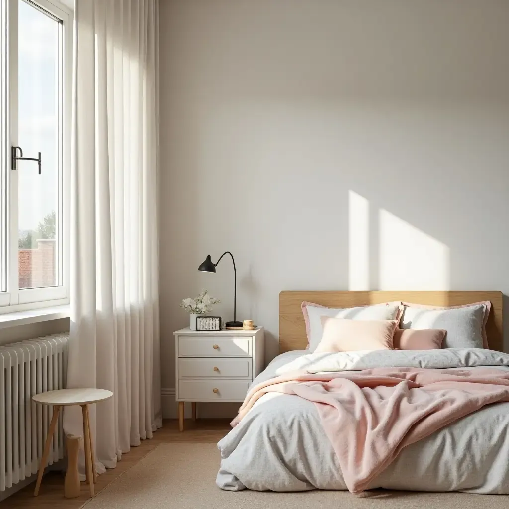 a photo of a bright bedroom for children with vintage bedside table and modern bedding