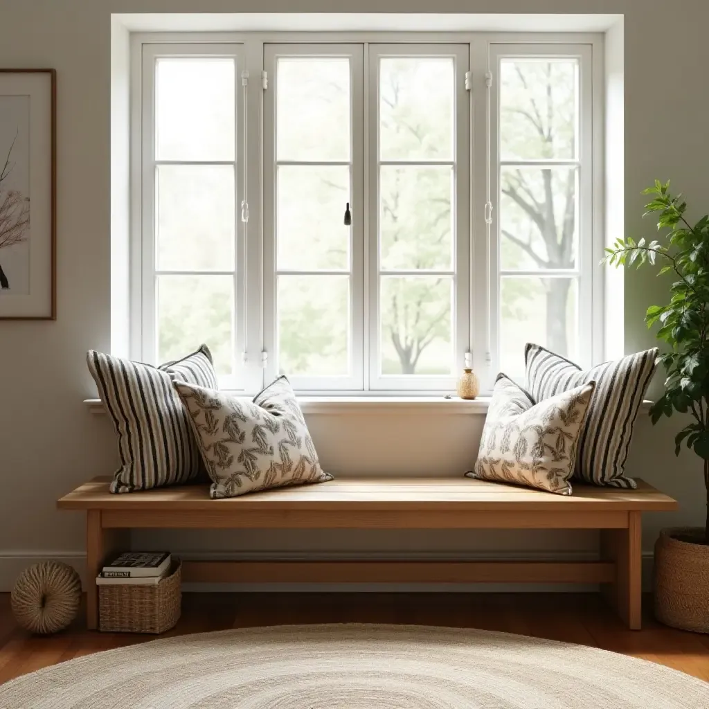 a photo of a wooden bench positioned by the window with decorative pillows