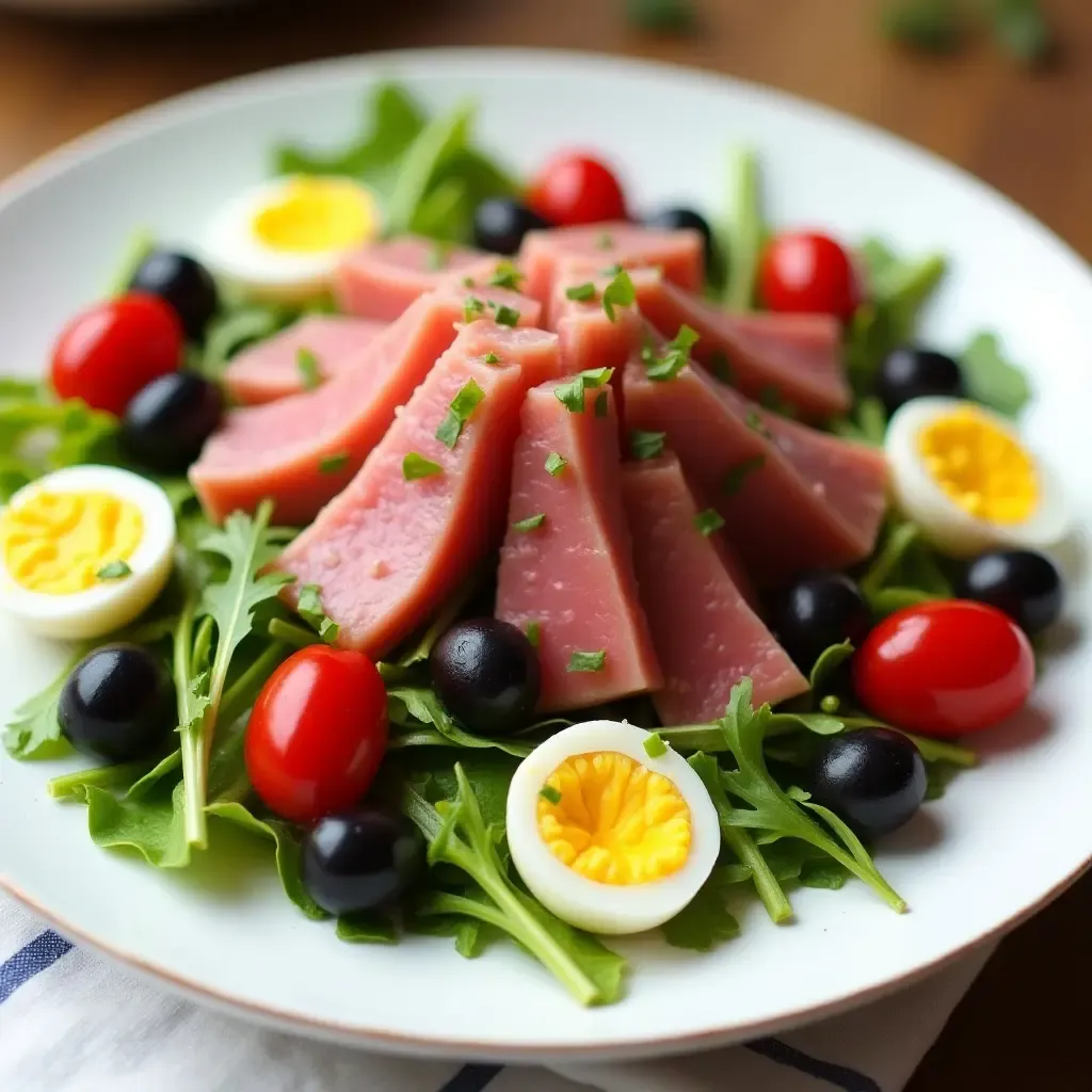 a photo of a colorful Niçoise salad with fresh tuna, olives, and eggs.