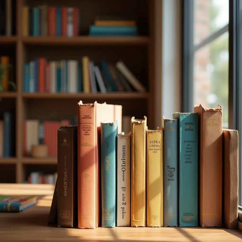 a photo of a cozy small library with colorful bookends