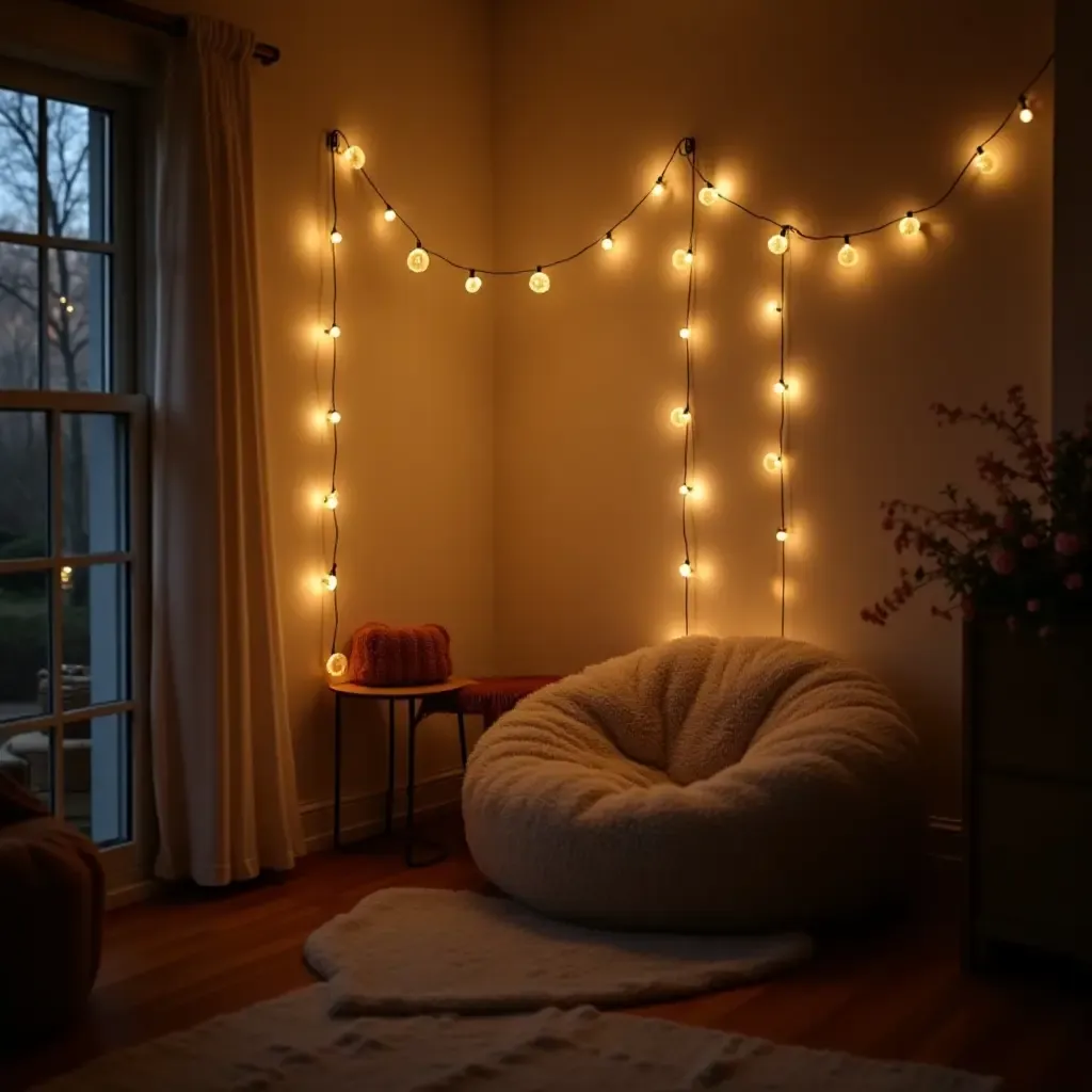 a photo of a cozy corner with a bean bag and fairy lights