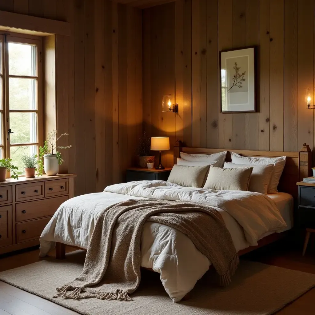 a photo of a rustic-themed bedroom with a wooden dresser and cozy blankets