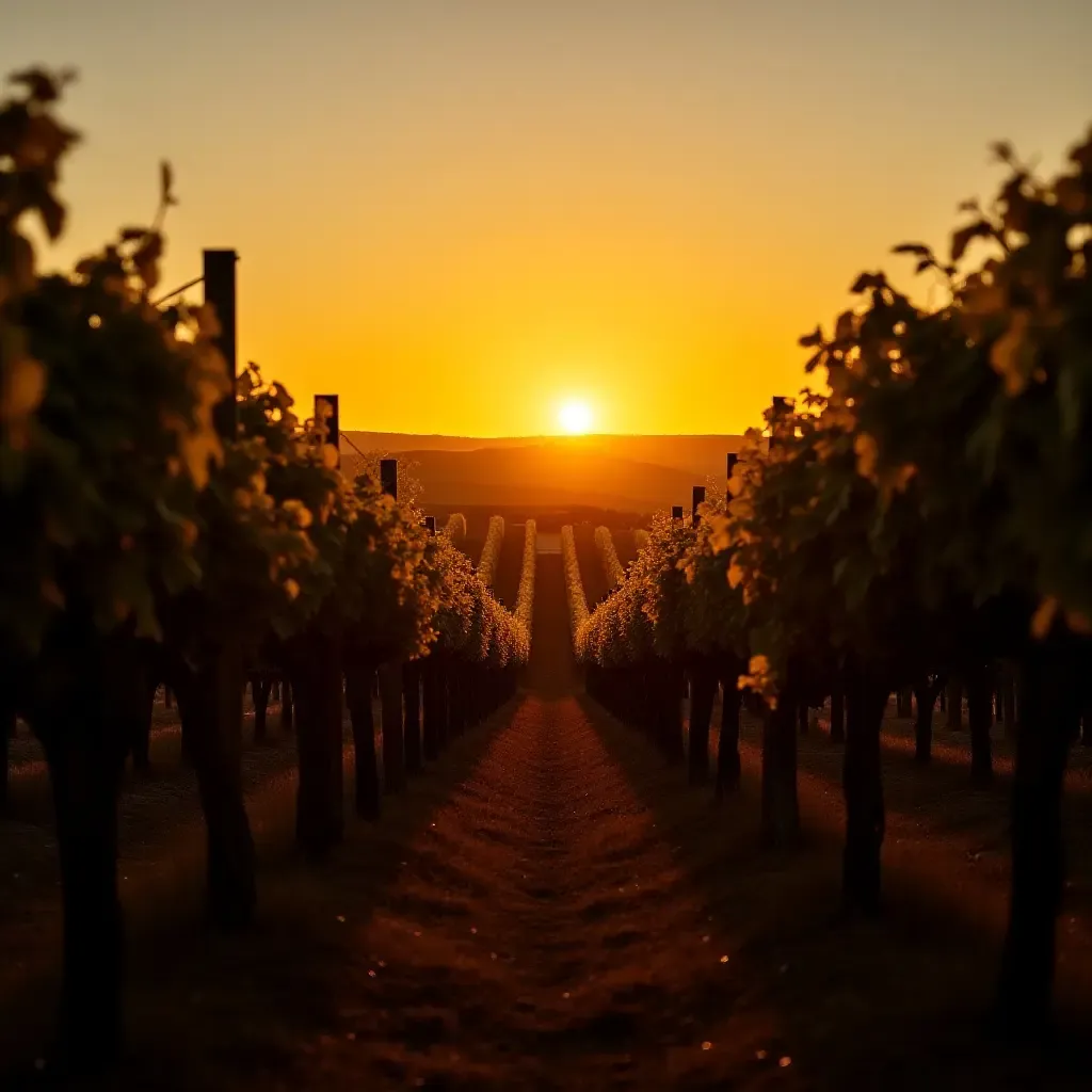 a photo of a rustic Tuscan vineyard with rows of grapevines under a golden sunset.