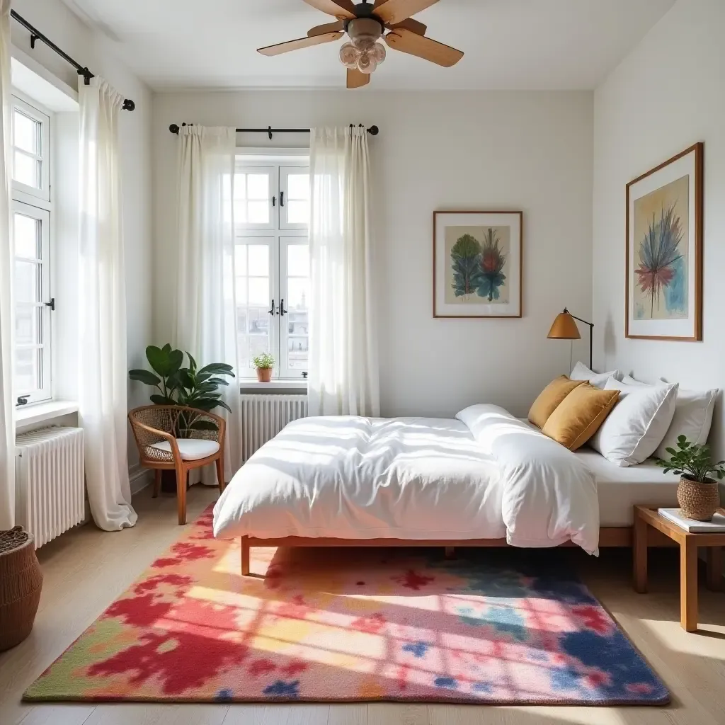 a photo of a colorful tie-dye rug in a relaxed bedroom vibe