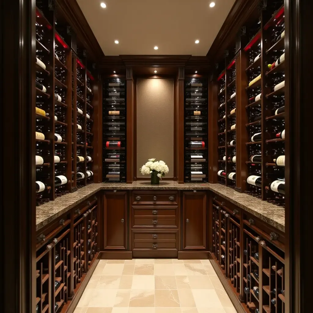 a photo of a stylish basement wine cellar with racks