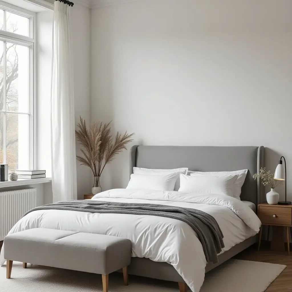 a photo of a chic grey headboard in a well-lit space with large windows