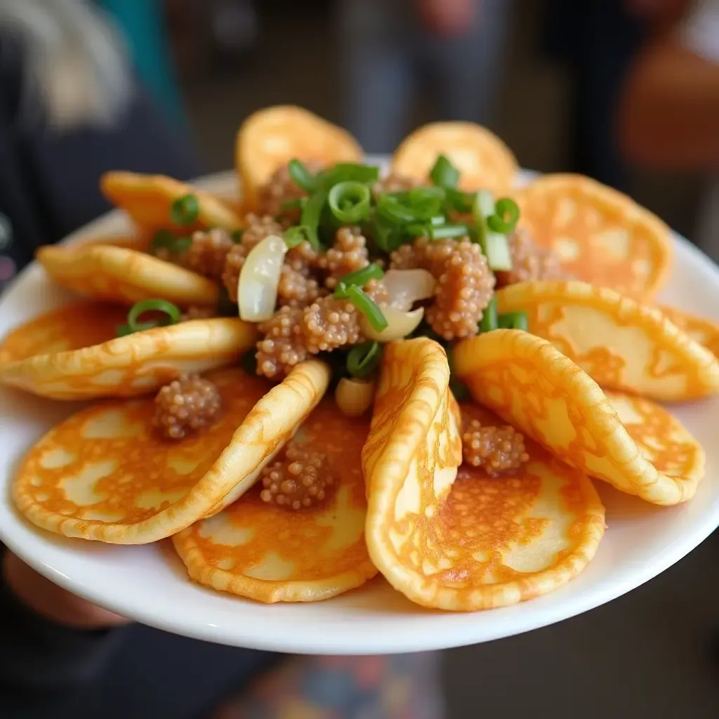 a photo of Khanom Buang, Thai crispy pancakes with sweet and savory toppings, vibrant street food scene.