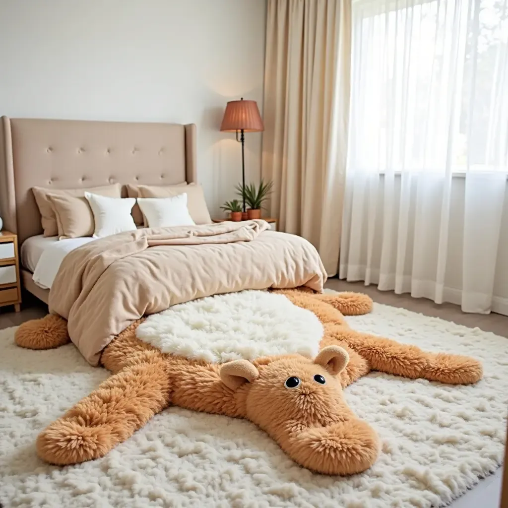 a photo of a playful rug shaped like a giant animal in a teen&#x27;s room