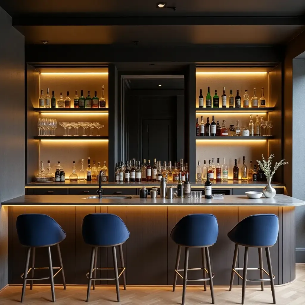 a photo of a sleek bar area with open shelving for bottles and glassware