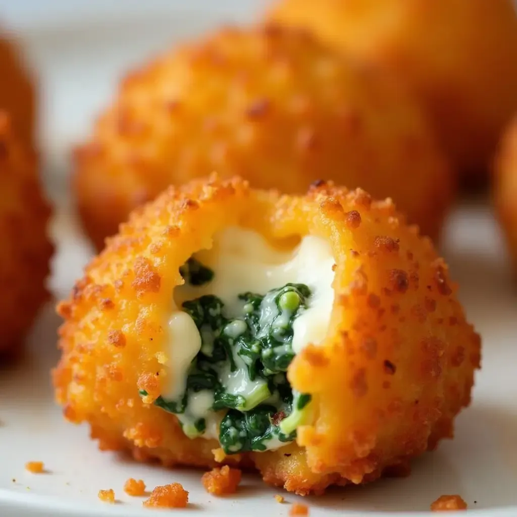 a photo of golden arancini stuffed with spinach and melted mozzarella.