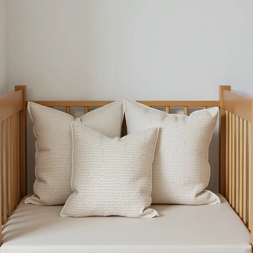 a photo of a nursery with textured fabric cushions on a wooden crib