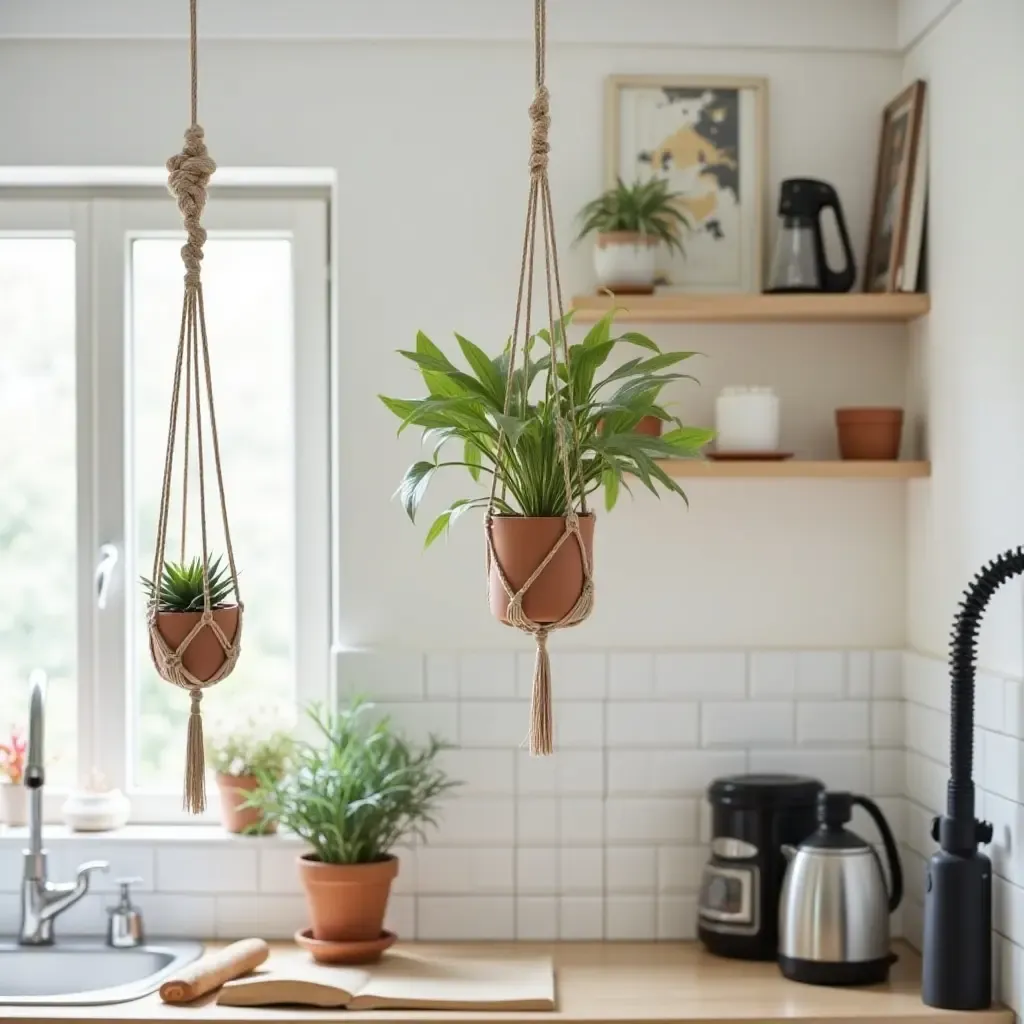 a photo of a small kitchen with hanging macrame plant holders