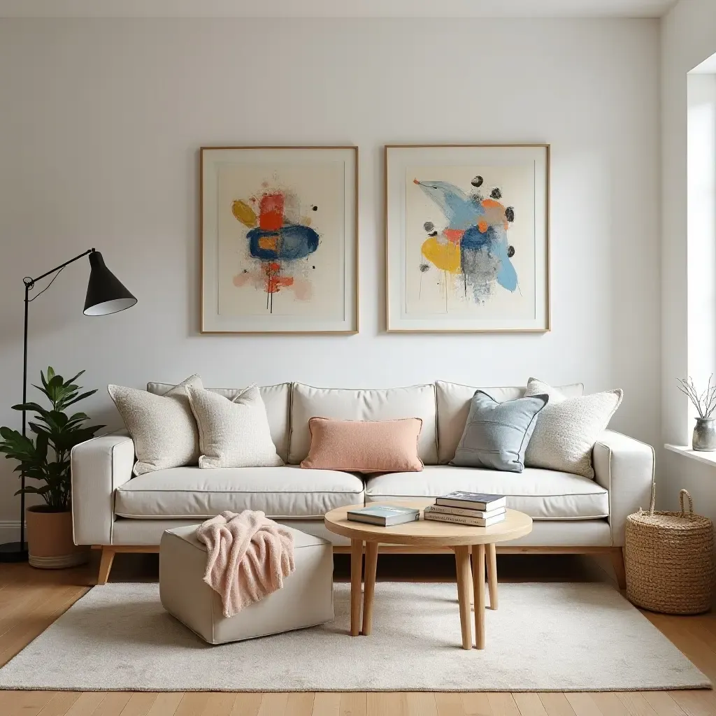 a photo of a living room decorated with whimsical wall art and cushions